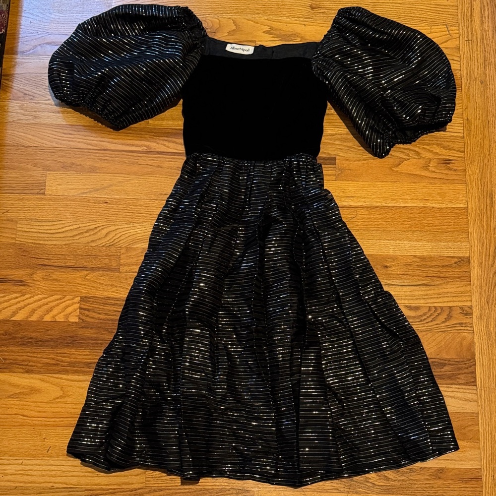 Albert Nipon Black Velvet & Silver Striped Dress